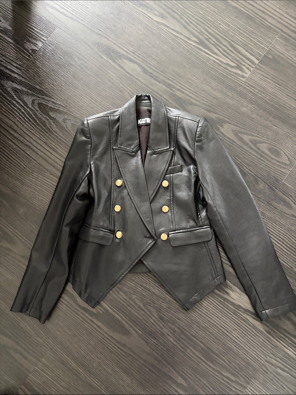Katie J NYC Black Double-Breasted Faux Leather Blazer with Gold Buttons
